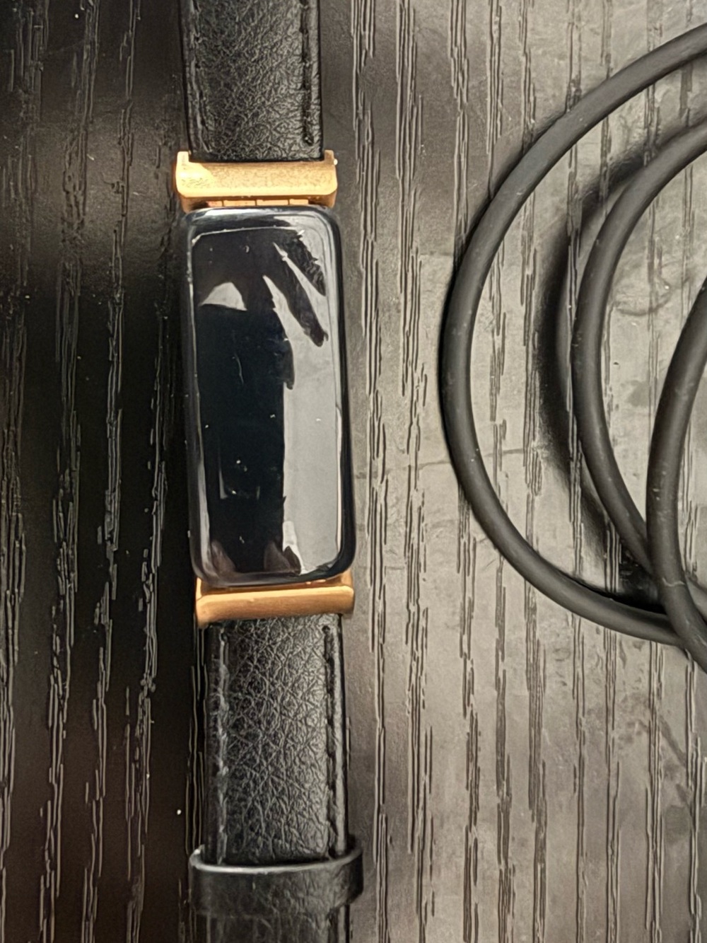 fitbit Black Tracker with Gold Accents and Black Leather Band